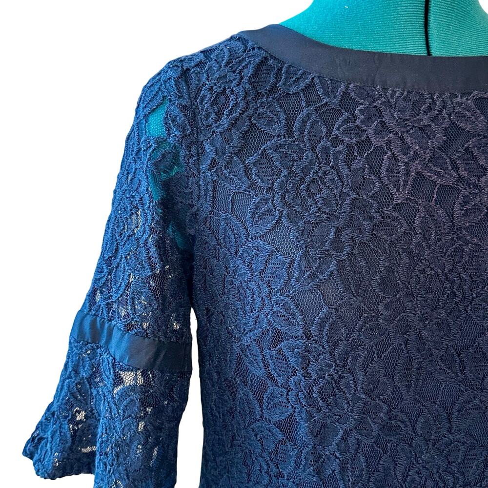 ECI New York Navy Lace Sheath Dress Women 8 | Floral Overlay| Classic Cocktail - Picture 3 of 6